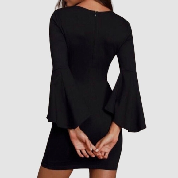 LULU’S GIMME SOME FLAIR BLACK FLOUNCE SLEEVE BODYCON DRESS - Picture 10 of 16